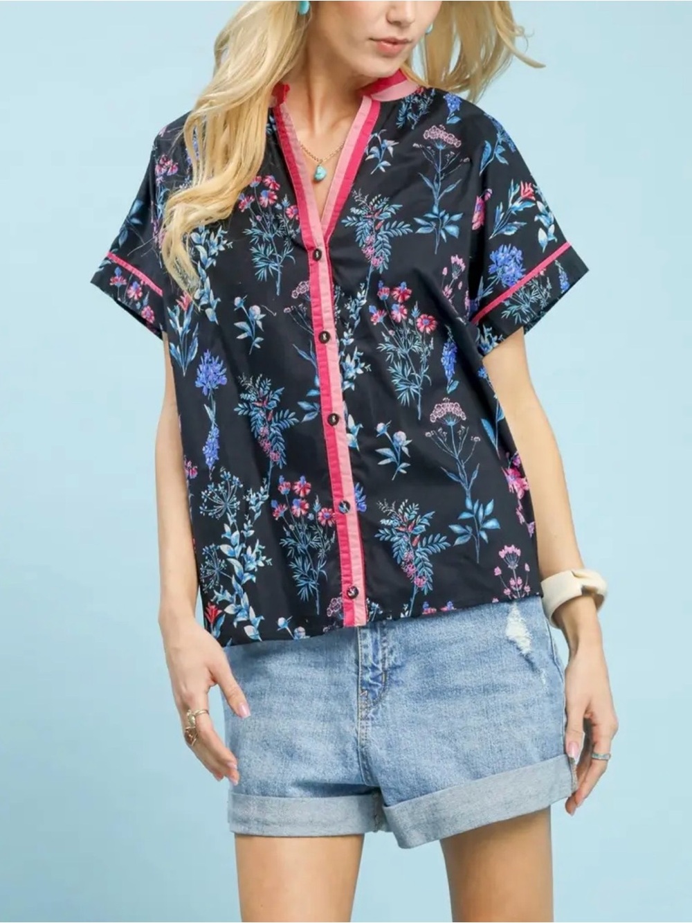 Umgee Navy Floral Button-Down Top with Pink Trim
